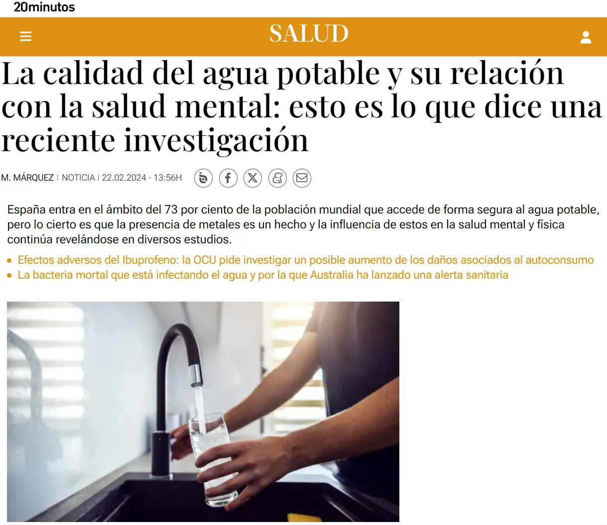 Captura de la noticia: La calidad del agua potable y su relación con la salud mental: esto es lo que dice una reciente investigación