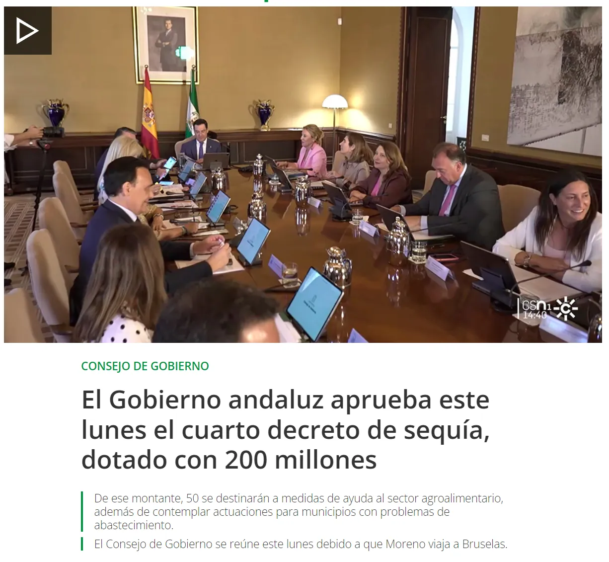 Captura de la noticia: El Gobierno andaluz aprueba este lunes el cuarto decreto de sequía, dotado con 200 millones