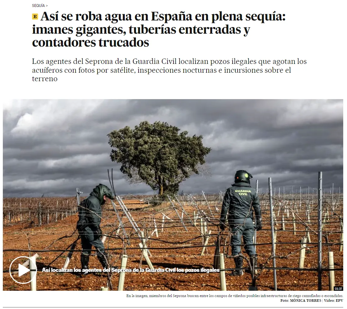 Captura de la noticia: Así se roba agua en España en plena sequía: imanes gigantes, tuberías enterradas y contadores trucados