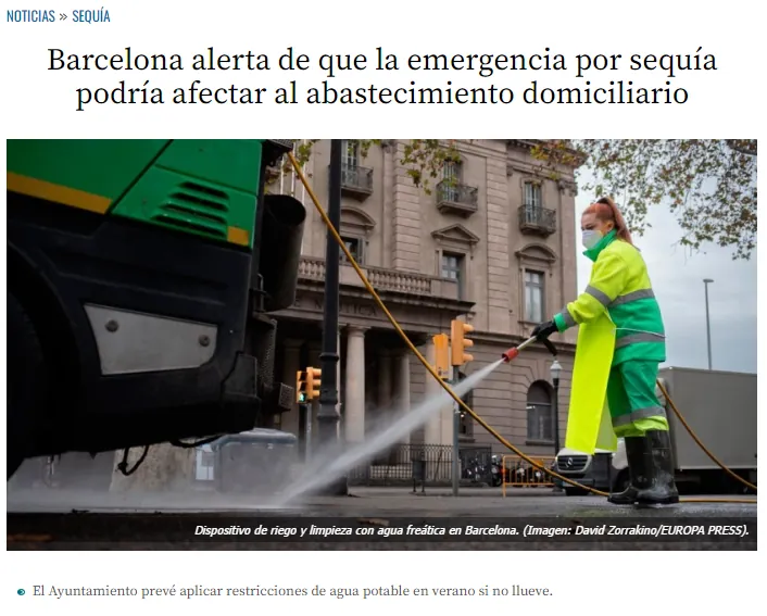 Captura de la noticia: Barcelona alerta de que la emergencia por sequía podría afectar al abastecimiento domiciliario