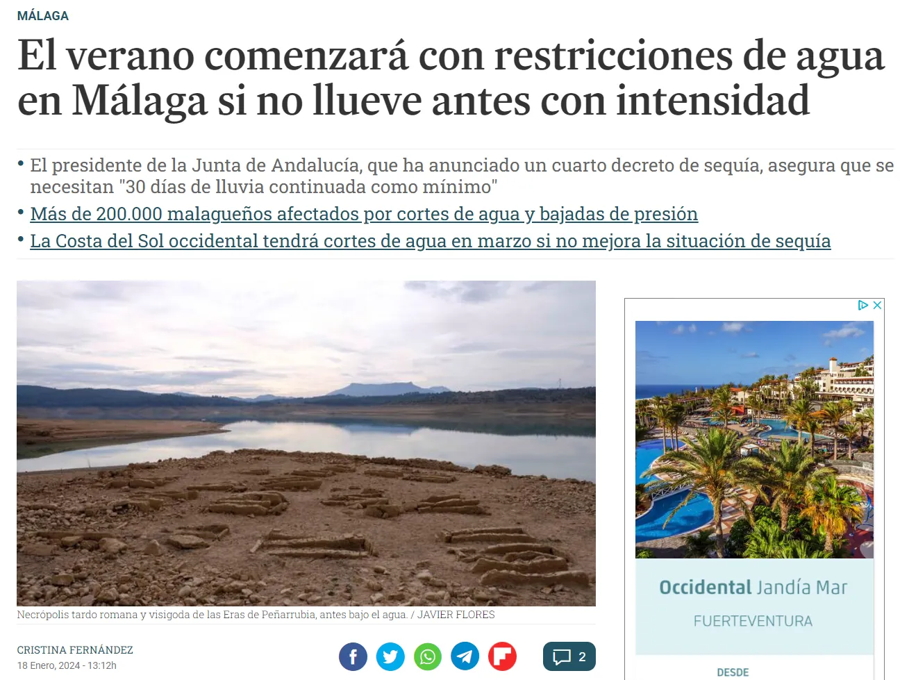 Captura de la noticia: El verano comenzará con restricciones de agua en Málaga si no llueve antes con intensidad