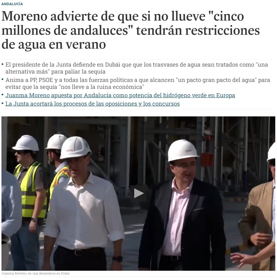 Captura de la noticia: Moreno advierte de que si no llueve «cinco millones de andaluces» tendrán restricciones de agua en verano