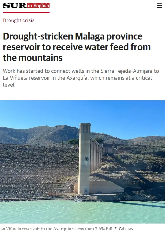 Captura de la noticia: El embalse de la provincia de Málaga, afectado por la sequía, recibirá agua de la montaña