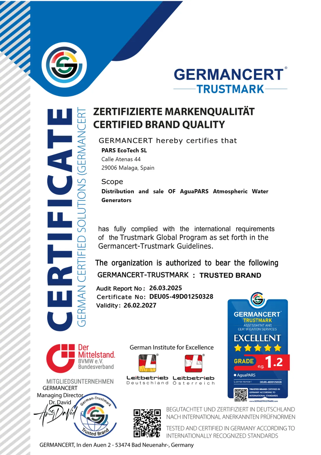 TRUSTMARK brand quality certificate awarded to AguaPARS