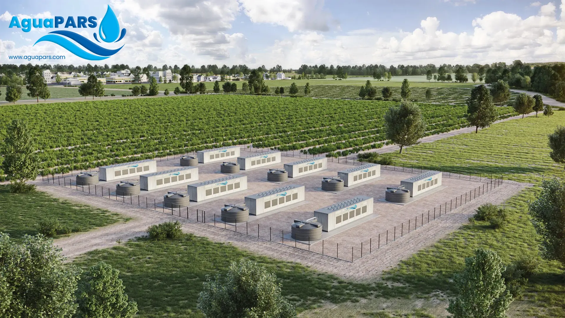 Centrales de production d'eau atmosphérique AguaPARS installées à côté d'un champ cultivé