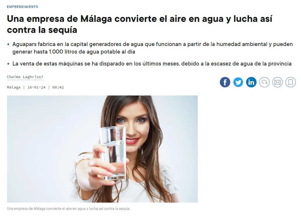 لقطة من الخبر: شركة من Málaga تحوّل الهواء إلى ماء وتكافح بذلك الجفاف