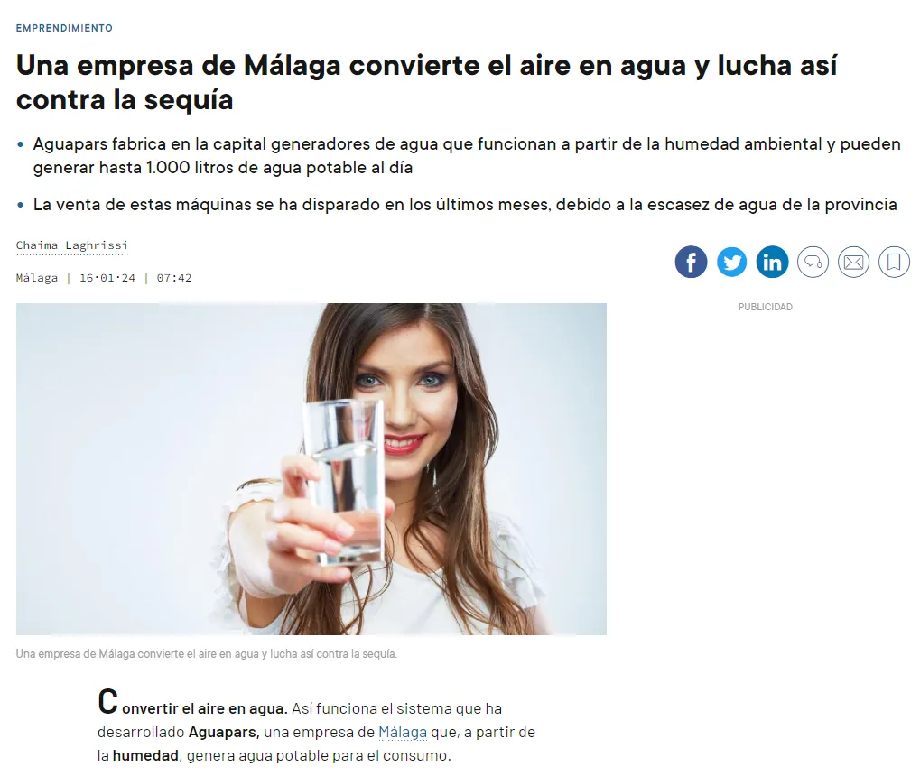 لقطة من الخبر: شركة من Málaga تحوّل الهواء إلى ماء وتكافح بذلك الجفاف