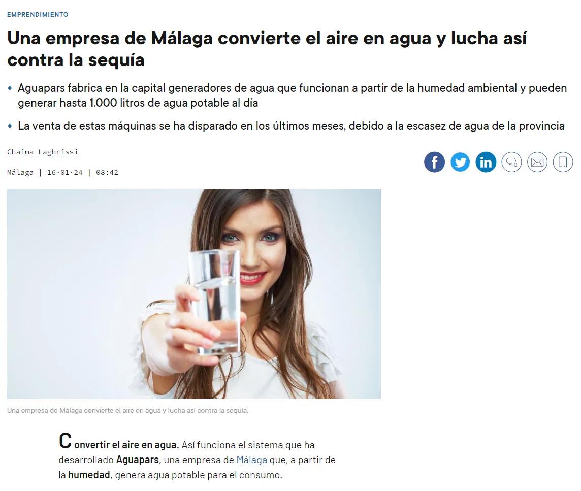 لقطة من الخبر: شركة من Málaga تحوّل الهواء إلى ماء وتكافح بذلك الجفاف
