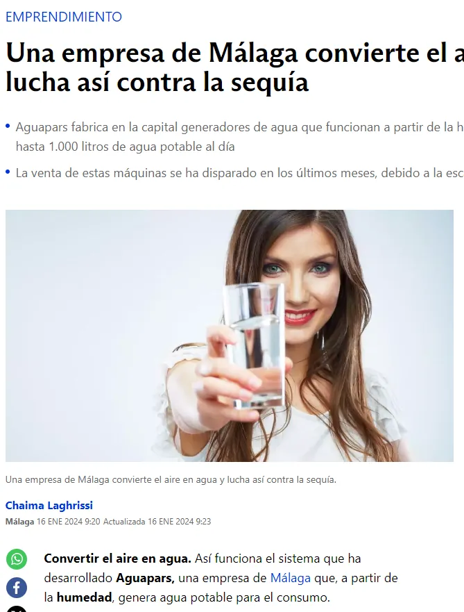 لقطة من الخبر: شركة من Málaga تحوّل الهواء إلى ماء وتكافح بذلك الجفاف