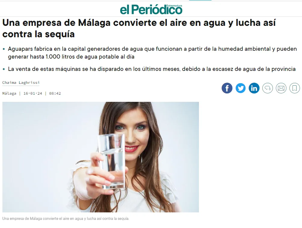 لقطة من الخبر: شركة من Málaga تحوّل الهواء إلى ماء وتكافح بذلك الجفاف