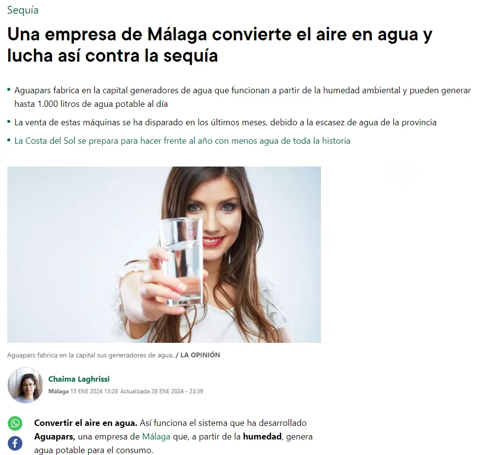 لقطة من الخبر: شركة من Málaga تحوّل الهواء إلى ماء وتكافح بذلك الجفاف