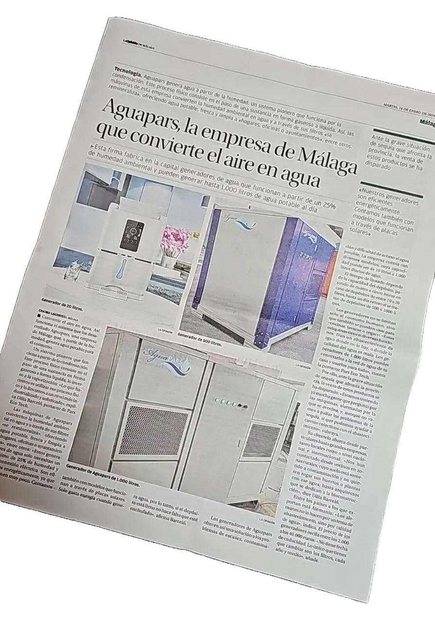 لقطة من الخبر: شركة من Málaga تحوّل الهواء إلى ماء وتكافح بذلك الجفاف