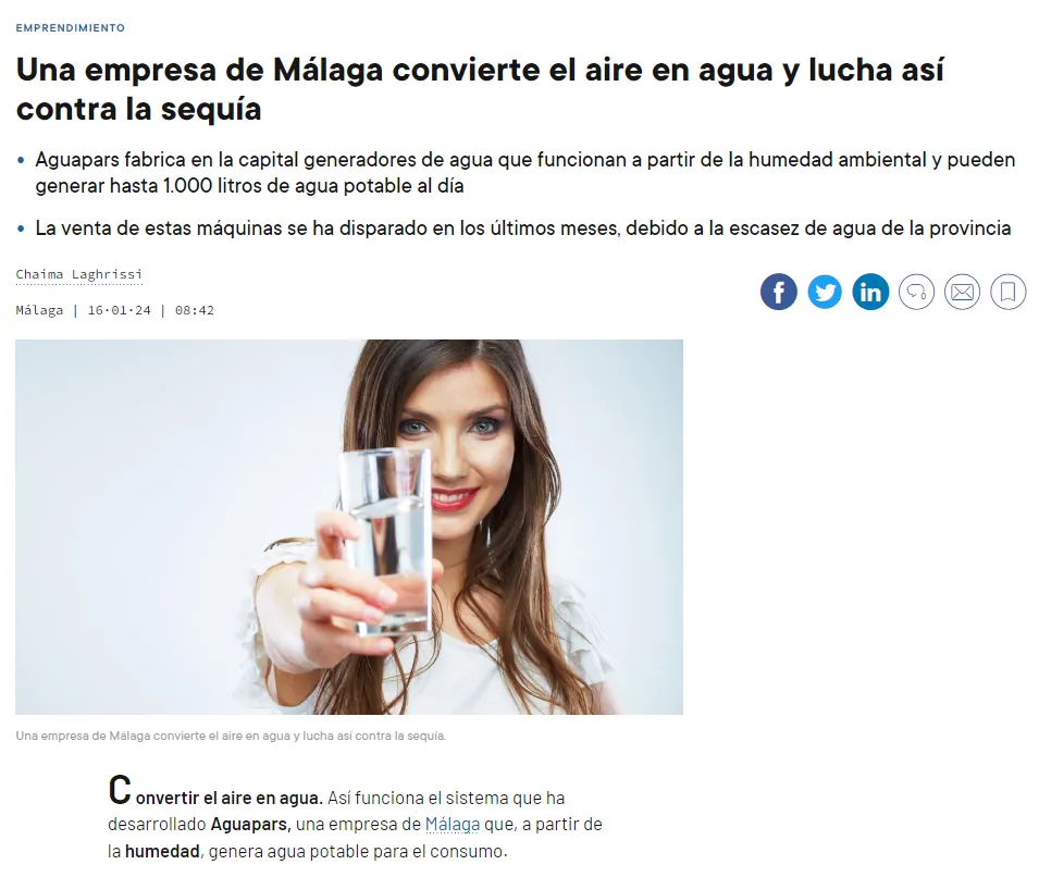 لقطة من الخبر: شركة من Málaga تحوّل الهواء إلى ماء وتكافح بذلك الجفاف