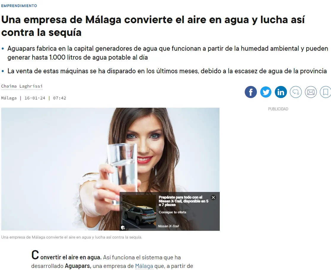 لقطة من الخبر: شركة من Málaga تحوّل الهواء إلى ماء وتكافح بذلك الجفاف