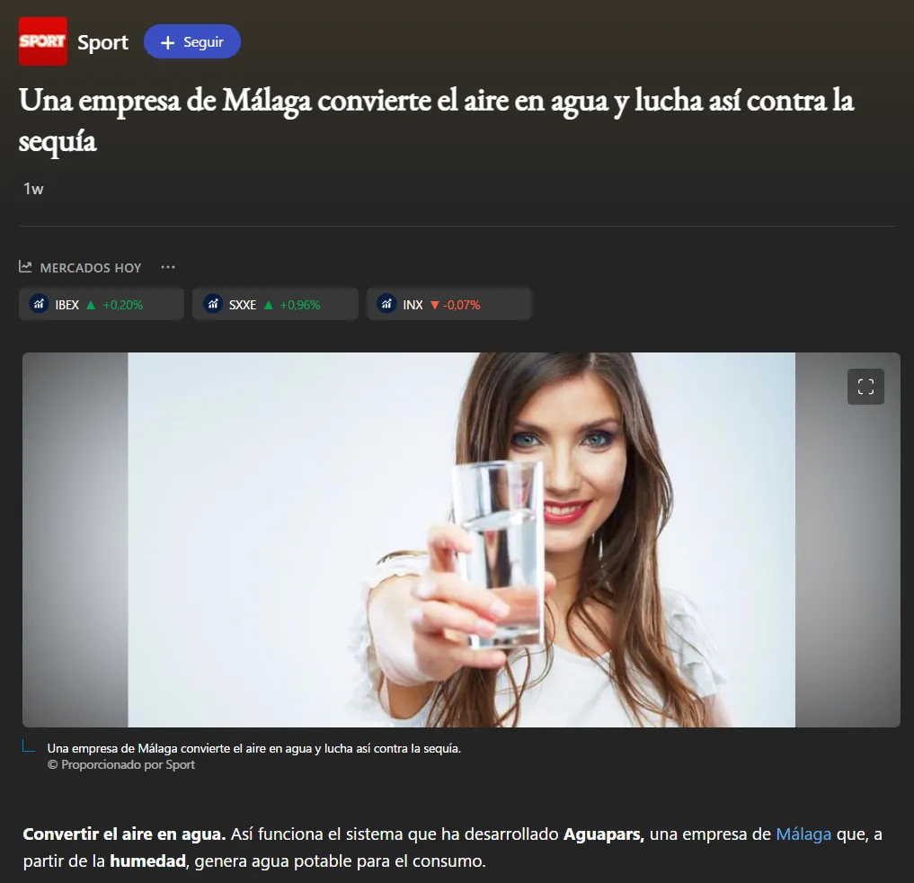 لقطة من الخبر: شركة من Málaga تحوّل الهواء إلى ماء وتكافح بذلك الجفاف